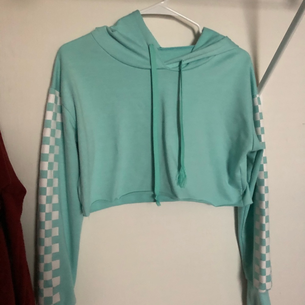 ROMWE teal checkered cropped sweatshirt